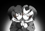  bangs brown_eyes closed_mouth commentary dithering eurasian_eagle_owl_(kemono_friends) frown fur_collar greyscale hands_together head_wings interlocked_fingers kaya_(nari1-24) kemono_friends looking_at_viewer monochrome multiple_girls northern_white-faced_owl_(kemono_friends) red_eyes short_hair spot_color standing symmetrical_hand_pose symmetry upper_body 