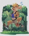  anthro backpack black_eyes blonde_hair brown_fur canine clothed clothing female fur grass hair mammal open_mouth pawpads reign-2004 running solo tan_fur tongue tongue_out tree wristwatch 