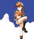  baseball baseball_cap baseball_jersey baseball_mitt baseball_uniform brown_hair cleats day hat kneehighs kokudou_juunigou leg_up long_hair original ponytail short_shorts shorts sky solo sportswear 