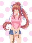  bow bow_panties breasts brown_hair casual commentary cosplay cowboy_shot doki_doki_literature_club english_commentary eyebrows_visible_through_hair frown green_eyes hair_ribbon highres long_hair looking_to_the_side medium_breasts midriff monika_(doki_doki_literature_club) noose open_fly p-nekoe panties pink_shirt polka_dot polka_dot_background ponytail ribbon sayori_(doki_doki_literature_club) sayori_(doki_doki_literature_club)_(cosplay) shiny shiny_skin shirt short_shorts shorts simple_background solo unbuttoned underwear very_long_hair white_panties white_ribbon 