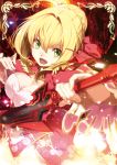  :d aestus_estus bangs blonde_hair blush breasts cleavage commentary_request dress epaulettes eyebrows_visible_through_hair fate/extra fate_(series) green_eyes hair_between_eyes holding holding_sword holding_weapon juliet_sleeves long_sleeves looking_at_viewer medium_breasts nero_claudius_(fate) nero_claudius_(fate)_(all) open_mouth puffy_sleeves red_dress smile solo sparkling_eyes sword v-shaped_eyebrows weapon wide_sleeves yuuzii 