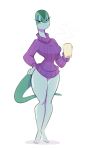  anthro bottomless breasts clothed clothing cross_country_cartoons cup female hand_on_hip herny hi_res lizard looking_at_viewer non-mammal_breasts reptile rita_skopt scalie simple_background solo standing steam sweater tex_avery thick_thighs turtleneck white_background wide_hips 
