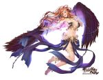  angel angel_wings armpits bangs bare_shoulders barefoot black_wings blush breasts chain commentary_request detached_sleeves dress feathered_wings full_body gang_of_heaven large_breasts logo long_hair looking_at_viewer masami_chie official_art orange_hair parted_lips purple_eyes sidelocks simple_background solo thigh_strap white_background wings 