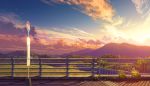  bridge bus_stop cloud forest gradient_sky grass handrail mountain nature no_humans original river road_sign scenery shadow sign sky sunset 