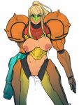  1girl adapted_costume areolae arm_cannon blonde_hair breasts lactation looking_at_viewer metroid nipples ponytail power_suit pussy pussy_juice r4 samus_aran solo uncensored 