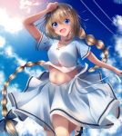  :d absurdres blonde_hair blue_eyes braid cloud commentary_request condensation_trail day fate/grand_order fate_(series) highres jeanne_d'arc_(fate) jeanne_d'arc_(fate)_(all) jewelry long_braid long_hair looking_at_viewer midriff navel necklace open_mouth shirt single_braid skirt smile solo suisen-21 very_long_hair white_shirt white_skirt 