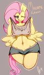  2014 anthro anthrofied big_breasts breasts clothing digital_media_(artwork) english_text equine feathered_wings feathers female fluttershy_(mlp) friendship_is_magic front_view fur grey_background hair hi_res long_hair looking_at_viewer mammal my_little_pony navel one_eye_closed pegasus simple_background small_waist solo somescrub text thick_thighs tongue voluptuous wide_hips wings yellow_feathers yellow_fur 