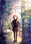  black_jacket black_legwear blush bob_cut brown_hair ceiling_fan closed_mouth day full_body grey_eyes hands_in_pockets hanging_plant indoors jacket leather leather_jacket long_sleeves looking_at_viewer mayachise original pantyhose plant potted_plant scenery short_hair smile 