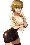  black_legwear blue_eyes breasts brown_hair cleavage commentary_request hand_to_own_mouth high-waist_skirt korean_commentary large_breasts leaning_forward miniskirt original pencil_skirt short_hair skirt sleeves_rolled_up smile solo sookmo thighhighs 
