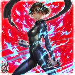  1girl aura black_scarf blue_bodysuit bodysuit breasts brown_hair clenched_hands clenched_teeth cowboy_shot dated fighting_stance from_side highres holding holding_weapon ikeda_(cpt) legs_apart looking_to_the_side medium_breasts niijima_makoto persona persona_5 persona_q2:_new_cinema_labyrinth persona_q_(series) red_background red_eyes scarf short_hair solo spikes standing teeth weapon 