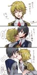  3koma black_hair blonde_hair blue_eyes closed_eyes closed_mouth colorized comic commentary_request darling_in_the_franxx epaulettes eye_contact green_eyes half-closed_eyes highres hiro_(darling_in_the_franxx) imminent_kiss licking long_sleeves looking_at_another male_focus military military_uniform multiple_boys neck necktie nine_alpha open_mouth red_neckwear sakuragouti speech_bubble thought_bubble tongue translation_request trash_can uniform yaoi 