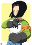  1boy absurdres android_17 armband black_gloves black_hair blue_eyes chris_re5 dragon_ball dragon_ball_super fighting_stance frown gloves hair_over_one_eye highres male_focus signature solo 