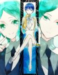  androgynous bangs blue_eyes blue_hair blunt_bangs colored_eyelashes crossed_legs expressionless full_body gem_uniform_(houseki_no_kuni) golden_arms green_eyes green_hair houseki_no_kuni invisible_chair looking_at_viewer multiple_others multiple_persona necktie one_eye_closed phosphophyllite phosphophyllite_(ll) projected_inset see-through short_hair shumiko_(kamenokoueki) sitting smile spoilers upper_body 