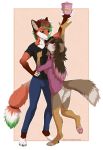 2018 5_fingers anthro barefoot brown_hair canine clothed clothing digital_media_(artwork) digitigrade dog duo female fox green_eyes green_nose hair kyotokisha15 male mammal pink_eyes pink_nose simple_background smile 