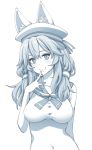  :3 akino_sora animal_ears blush breasts closed_mouth commentary_request ears_through_headwear fate/grand_order fate_(series) finger_to_mouth fox_ears greyscale hand_up hat highres index_finger_raised large_breasts long_hair looking_at_viewer monochrome navel sailor_collar sailor_hat simple_background smile solo tamamo_(fate)_(all) tamamo_no_mae_(fate) upper_body white_background 