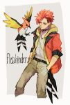  bangle belt bracelet character_name collar earrings eyeliner fletchinder gen_6_pokemon hands_in_pockets highres hood hood_down jacket jewelry makeup male_focus moemon multicolored_hair ngr_(nnn204204) orange_hair orange_jacket pants personification pokemon pokemon_(creature) red_hair shirt solo spiked_collar spikes standing stud_earrings two-tone_hair white_shirt yellow_eyes 