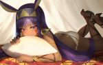  animal_ears ass bangs blush bracelet chain closed_mouth commentary dark_skin detached_collar earrings egyptian egyptian_clothes eyeliner facepaint facial_mark fate/grand_order fate_(series) feet_up hairband hoop_earrings jackal_ears jewelry legs long_hair looking_at_viewer lying makeup nitocris_(fate/grand_order) on_stomach pillow purple_eyes purple_hair sandals sidelocks sion_(9117) solo swimsuit thighs very_long_hair white_swimsuit 