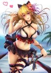  anakin_sky_(utcc) bikini blonde_hair bow breasts cleavage commentary_request empty_eyes flower granblue_fantasy hair_bow hair_flower hair_ornament heart hibiscus large_breasts long_hair navel orange_eyes ponytail solo swimsuit vira_lilie weapon 
