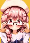  :o adjusting_eyewear arms_up beret blush bow comic_girls commentary_request fingernails glasses hair_bow hair_ornament hairclip hat long_hair long_sleeves looking_at_viewer mochiyuki moeta_kaoruko nail_polish overalls parted_lips pink_bow pink_hair pink_nails red-framed_eyewear red_eyes shirt simple_background solo white_hat white_shirt x_hair_ornament yellow_background 