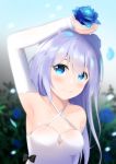  arm_up armpits azur_lane bangs bare_shoulders black_bow bloom blue_eyes blue_flower blue_rose blue_sky blurry blurry_background bow breasts closed_mouth collarbone commentary_request criss-cross_halter day depth_of_field detached_sleeves disconnected_mouth dress eyebrows_visible_through_hair flower hair_between_eyes hair_bun halterneck holding holding_flower kogyokuapple long_hair long_sleeves medium_breasts outdoors petals purple_hair rose side_bun sky sleeves_past_wrists smile solo tareme unicorn_(azur_lane) upper_body white_dress 