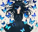  achiki black_dress black_hair blue_butterfly blue_eyes bow bug butterfly covering_mouth covering_one_eye dress hands_clasped insect interlocked_fingers long_hair looking_at_viewer lying on_back original own_hands_together pin solo 