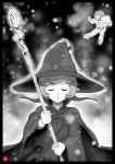  2girls absurdres berserk black_border border cape chris_re5 evarella eyes_closed fairy fairy_wings greyscale hat highres miniskirt monochrome multiple_girls schierke see-through short_hair signature skirt staff upper_body wings witch_hat 