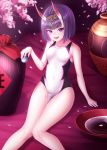  alcohol alternate_costume bare_legs between_thighs blush bob_cut bottle breasts cherry_blossoms commentary_request competition_swimsuit cup eyebrows eyebrows_visible_through_hair fangs fate/grand_order fate_(series) highres looking_at_viewer one-piece_swimsuit oni oni_horns purple_eyes purple_hair sakazuki sake sake_bottle short_hair shuten_douji_(fate/grand_order) small_breasts solo swimsuit thick_eyebrows thighs tokkuri wakamezake white_swimsuit zuizhong 