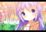  bangs blue_eyes blue_hair blurry blurry_background blush brown_jacket chinomaron closed_mouth collarbone commentary_request day depth_of_field eyebrows_visible_through_hair flower gochuumon_wa_usagi_desu_ka? hair_between_eyes hair_ornament head_tilt hood hood_down hooded_jacket jacket kafuu_chino letterboxed long_hair outdoors pink_flower shirt signature smile solo white_shirt x_hair_ornament 
