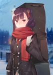  absurdres bangs black_coat black_legwear blazer blunt_bangs blurry blurry_background blush breath brown_hair buckle cityscape closed_mouth coat cold commentary eyebrows_visible_through_hair girls_frontline gloves hair_ornament hair_ribbon highres holding_strap jacket lamppost long_hair long_sleeves looking_at_viewer madao necktie one_side_up open_clothes open_coat outdoors pantyhose pinky_out purple_hair red_eyes red_neckwear red_scarf ribbon scarf snow snowflake_hair_ornament snowflake_print snowing solo sparkle standing sweatdrop tsurime very_long_hair wa2000_(girls_frontline) weapon_bag white_gloves window 