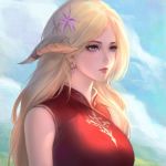  au_ra blonde_hair blurry blurry_background china_dress chinese_clothes closed_mouth commission day dragon_horns dress earrings final_fantasy final_fantasy_xiv flower hair_flower hair_ornament highres horns jewelry lips long_hair nguyen_uy_vu outdoors purple_eyes sleeveless solo upper_body 