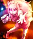 clothing eyelashes female fluffy fur gloves grin keitronic looking_at_viewer mammal microphone midnighttc pink_eyes pink_fur pink_nose smile solo teeth 