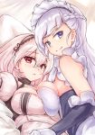  2girls :&lt; azur_lane bed_sheet belfast_(azur_lane) blush braid breast_press breasts closed_mouth collarbone commentary_request eyebrows_visible_through_hair french_braid frilled_gloves frills gloves hair_between_eyes indoors lace-trimmed_hairband large_breasts looking_at_viewer looking_back maid maid_headdress multiple_girls pillow puffy_sleeves purple_eyes red_eyes short_hair short_sleeves sidelocks silver_hair sirius_(azur_lane) smile white_gloves white_hair window yuki_shizuku 
