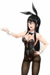  ;d analogue:_a_hate_story animal_ears bare_shoulders black_bow black_eyes black_hair bow bowtie breasts brown_hair bunny_ears bunny_girl bunnysuit cameltoe commentary cowboy_shot detached_collar english_commentary fake_animal_ears glasses hair_between_eyes hand_on_hip highres hyun-ae long_hair looking_at_viewer medium_breasts one_eye_closed open_mouth outstretched_arm pantyhose simple_background smile solo thighband_pantyhose twrlare white_background wrist_cuffs 