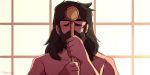  1boy artist_name beard brown_hair chairosaki collarbone eyes_closed facial_hair hands_up highres holding male_focus samurai_jack samurai_jack_(character) signature solo 