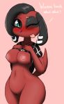  animal_crossing anthro bit-small blue_eyes blush bottomless breasts canine cherry_(animal_crossing) clothed clothing clothing_lift dialogue dog female flashing hi_res looking_at_viewer mammal nintendo nipple_piercing nipples one_eye_closed piercing pussy shirt shirt_lift solo tongue video_games 