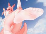  1girl animal_ears ass breasts cloud eyebrows_visible_through_hair fate/extra fate/grand_order fate_(series) feet female fox_ears fox_tail from_below hair_between_eyes kneehighs long_hair looking_down muryou_myakudou open_mouth panties pink_hair sky solo stars tail tamamo_(fate)_(all) tamamo_no_mae_(fate) underwear white_legwear white_panties 