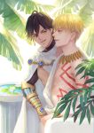  2boys black_hair blonde_hair bracer cape dark_skin dark_skinned_male earrings fate/grand_order fate_(series) gilgamesh jewelry lilianlotus lily_pad looking_at_viewer looking_to_the_side male_focus multiple_boys necklace open_mouth ozymandias_(fate) palm_leaf red_eyes sitting smile tattoo water_lily_flower yellow_eyes 