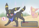 ! ambiguous_gender black_fur blush duo eeveelution feral flareon fur grass japanese_text markings mondoro nintendo open_mouth outside paws pok&eacute;mon pok&eacute;mon_(species) pok&eacute;mon_mystery_dungeon red_eyes red_fur scarf sky text translation_request umbreon video_games yellow_markings 