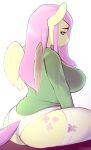  2016 anthro anthrofied big_breasts breasts butt clothed clothing cutie_mark equine feathered_wings feathers female fluttershy_(mlp) friendship_is_magic hair hi_res huge_breasts legwear long_hair mammal my_little_pony panties pegasus simple_background smile solo tsudamaku underwear wings 