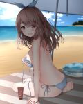  :d ass bangs beach beach_umbrella bikini blue_bikini blue_innertube blue_ribbon blue_sky breasts brown_eyes brown_hair butt_crack cloud cloudy_sky commentary_request covering covering_breasts day eyebrows_visible_through_hair hair_between_eyes hair_ribbon highres horizon idolmaster idolmaster_shiny_colors innertube karu_(qqqtyann) large_breasts long_hair lotion ocean open_mouth outdoors ribbon sand side-tie_bikini sky smile solo sunscreen swimsuit tsukioka_kogane umbrella untied untied_bikini water white_umbrella 