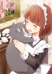  ^_^ animal apron bangs black_cat blurry blurry_background bob_cut broken_vessel brown_hair cat closed_eyes commentary_request eyebrows_visible_through_hair frilled_apron frills hazuki_natsu holding holding_cat long_sleeves maid maid_headdress medium_hair open_mouth original picture_frame shelf short_hair smile solo twitter_username upper_body wallpaper_(object) 