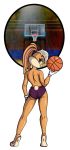  ball barefoot basketball blonde_hair blue_eyes buckteeth clothed clothing dragonsmasher eyelashes female gloves hair lagomorph lola_bunny looking_at_viewer looking_back looney_tunes mammal rabbit solo teeth tippy_toes topless warner_brothers 