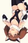  animal_ears black_legwear black_swimsuit blush breasts brown_eyes brown_hair cat_ears covered_navel detached_sleeves eyebrows_visible_through_hair fake_animal_ears fang fur_trim hairband highres kantai_collection looking_at_viewer lying medium_breasts o-ring o-ring_top on_back open_mouth ryuujou_(kantai_collection) smile solo sonzai_soumei swimsuit thighhighs twintails 