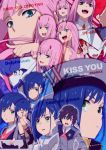  2girls bangs black_hair blue_hair brown_footwear closed_eyes commentary_request darling_in_the_franxx delphinium_(darling_in_the_franxx) english expressions fang hair_ornament hairclip hat hiro_(darling_in_the_franxx) horns ichigo_(darling_in_the_franxx) long_hair long_sleeves mecha military military_uniform multiple_girls necktie orange_neckwear peaked_cap pink_hair pointing pointing_finger red_horns red_neckwear shoes short_hair socks strelizia uniform zero_two_(darling_in_the_franxx) zo-jo-man 
