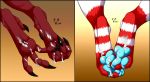  ambiguous_form ambiguous_gender ambiguous_species claws cum cum_on_feet disembodied_leg foot_focus fur hi_res multiple_images pawpads paws red_fur signature silvergrin talons toe_claws white_fur 
