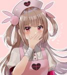  &gt;_&lt; apron bangs blush bunny_hair_ornament center_frills closed_mouth commentary_request eyebrows_visible_through_hair fang fang_out fingernails frills hair_ornament hand_to_own_mouth hand_up hat heart light_brown_hair long_hair looking_at_viewer myusha nail_polish natori_sana nurse_cap pink_apron pink_hat pink_nails puffy_short_sleeves puffy_sleeves red_eyes sana_channel shirt short_sleeves smile solo translation_request two_side_up very_long_hair virtual_youtuber white_shirt 