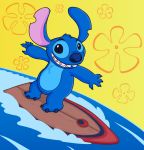  2013 3_toes 4_fingers alien ardwick blue_claws blue_eyes blue_fur blue_nose chest_tuft claws digital_drawing_(artwork) digital_media_(artwork) disney experiment_(species) fur head_tuft lilo_and_stitch looking_at_viewer notched_ear simple_background smile solo stitch surfboard surfing toes tuft water yellow_background 