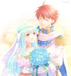  1girl ahoge blue_hair bouquet cape closed_eyes commentary couple dress eliwood_(fire_emblem) european_clothes fire_emblem fire_emblem:_rekka_no_ken fire_emblem_heroes flower gloves hanasaki_komugi hetero holding holding_bouquet mamkute ninian petals red_hair smile vest wedding_dress yellow_eyes 