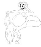  2018 3_toes anthro areola belly big_belly big_breasts breasts canine clothing digitigrade ear_piercing female fox fur hair hybrid lagomorph long_ears mammal monochrome navel nipples nude open_mouth patch_(artist) piercing pregnant rabbit shirt simple_background sitting solo toes white_background 