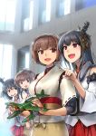  black_hair breasts brown_eyes brown_hair brown_hakama commentary_request detached_sleeves e16a_zuiun ebizome fusou_(kantai_collection) hair_ornament hair_ribbon hakama headgear hyuuga_(kantai_collection) ise_(kantai_collection) japanese_clothes kantai_collection long_hair medium_breasts multiple_girls nontraditional_miko open_mouth ponytail red_eyes ribbon seaplane short_hair skirt smile undershirt yamashiro_(kantai_collection) 